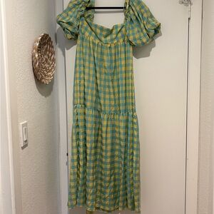 Zara Green and Yellow Gingham Puff Sleeve Midi Dress